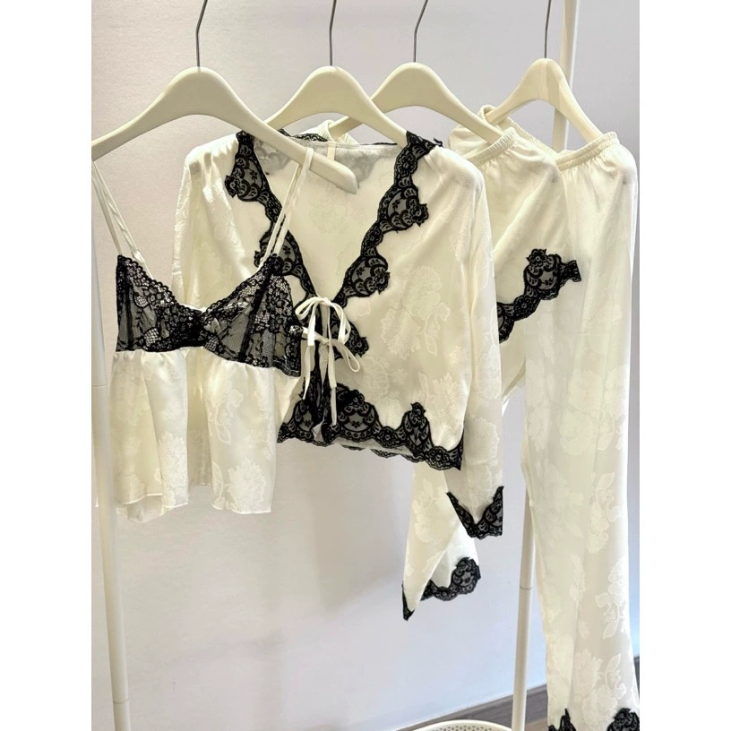 Shorts white jade, trousers, long-sleeve, set, pijama, french style, lifting effect, 4 piece set