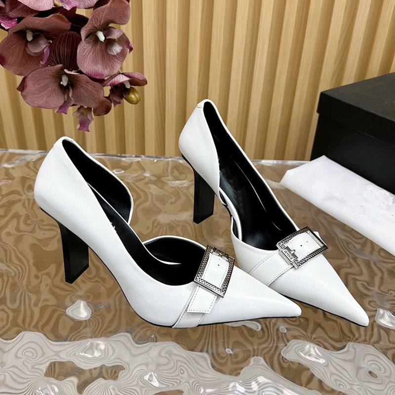 2024 New Summer Fashion Metal Buckle High Heels Women's Pointed Toe Stiletto Versatile Patent Leather Hollow Sandals Flats