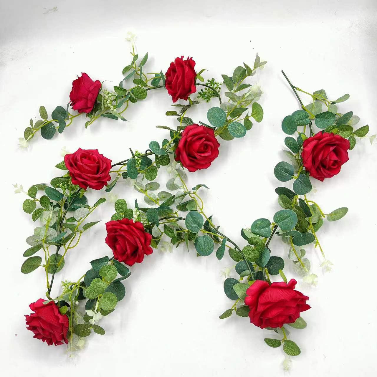 Eucalipto artificial guirnalda más tela de seda artificial Rosa vid verde decorativo largo boda arco Mesa pared fondo