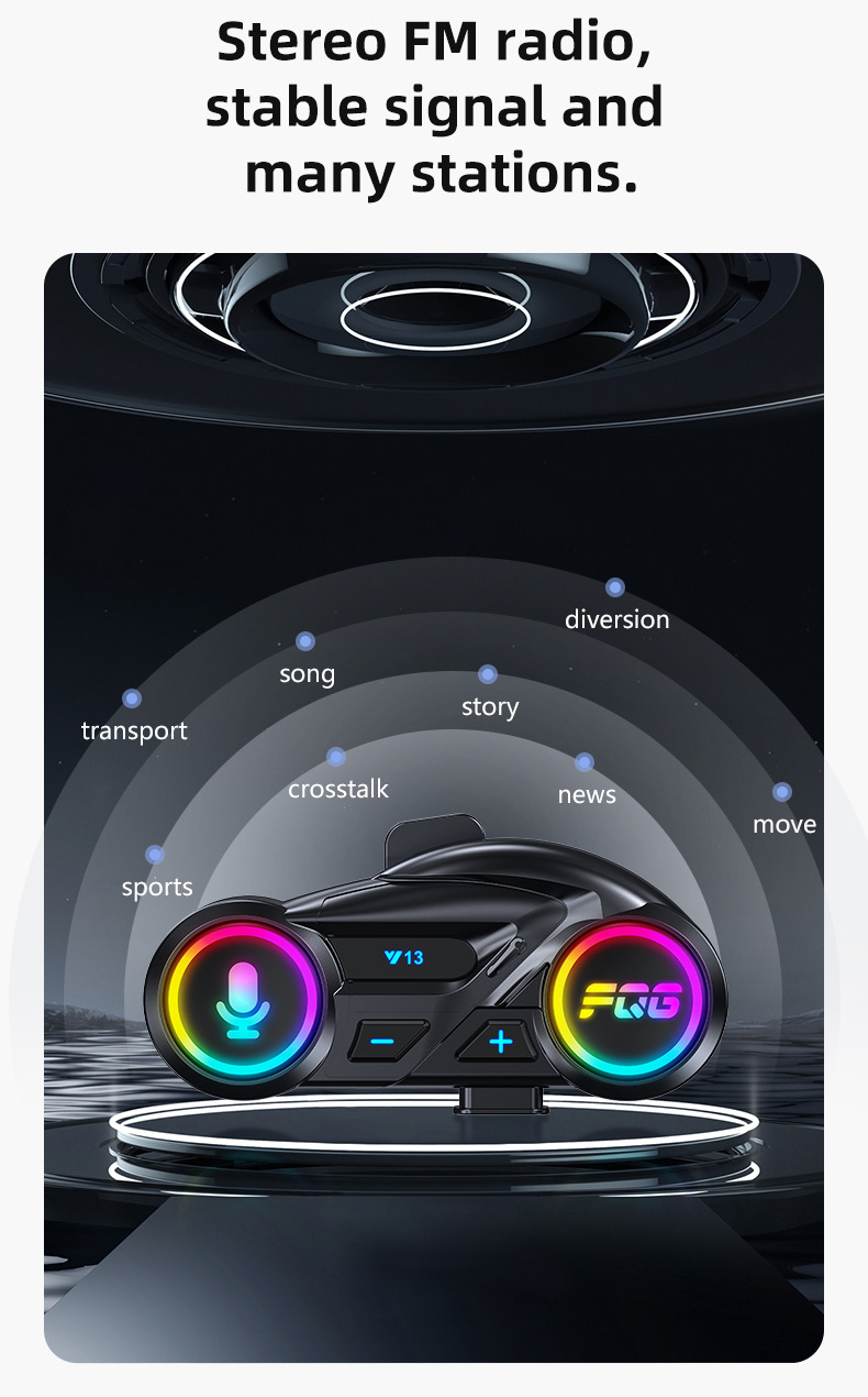 Cross-Border New Model Y13 Helmet Bluetooth Headset Fm Radio Colorful Waterproof Noise Reduction Long Battery Life Multi-Linkage Mobile Phone