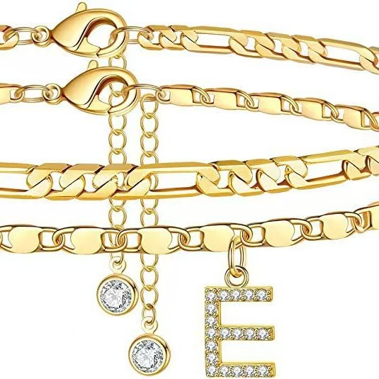 14k Gold Plated Layered Figaro Chain Anklet Set With Cz Initials_voghion.com