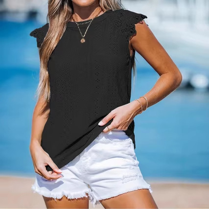 Cross-Border European and American Amazon Aliexpress New Fashion Casual Women's Lace Patchwork Eyelet Short-Sleeve T-Shirt Cross-Border European and American Amazon Aliexpress New Fashion Casual Women's Lace Patchwork Eyelet Short-Sleeve T-Shirt