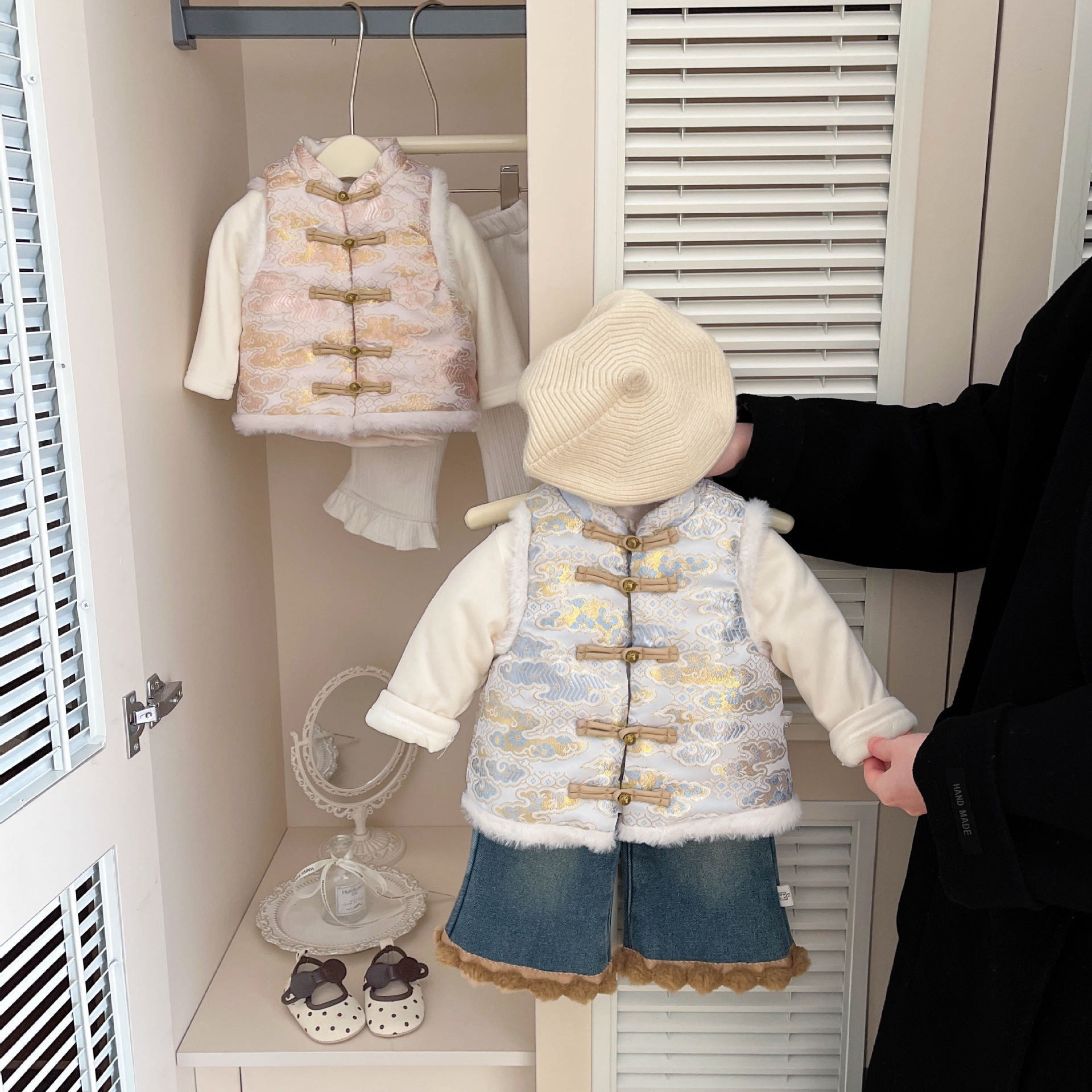 Niños nuevos chaleco de algodón chino de invierno bebé retro xiangyun jacquard chaleco de lana vestido de aniversario de bebé