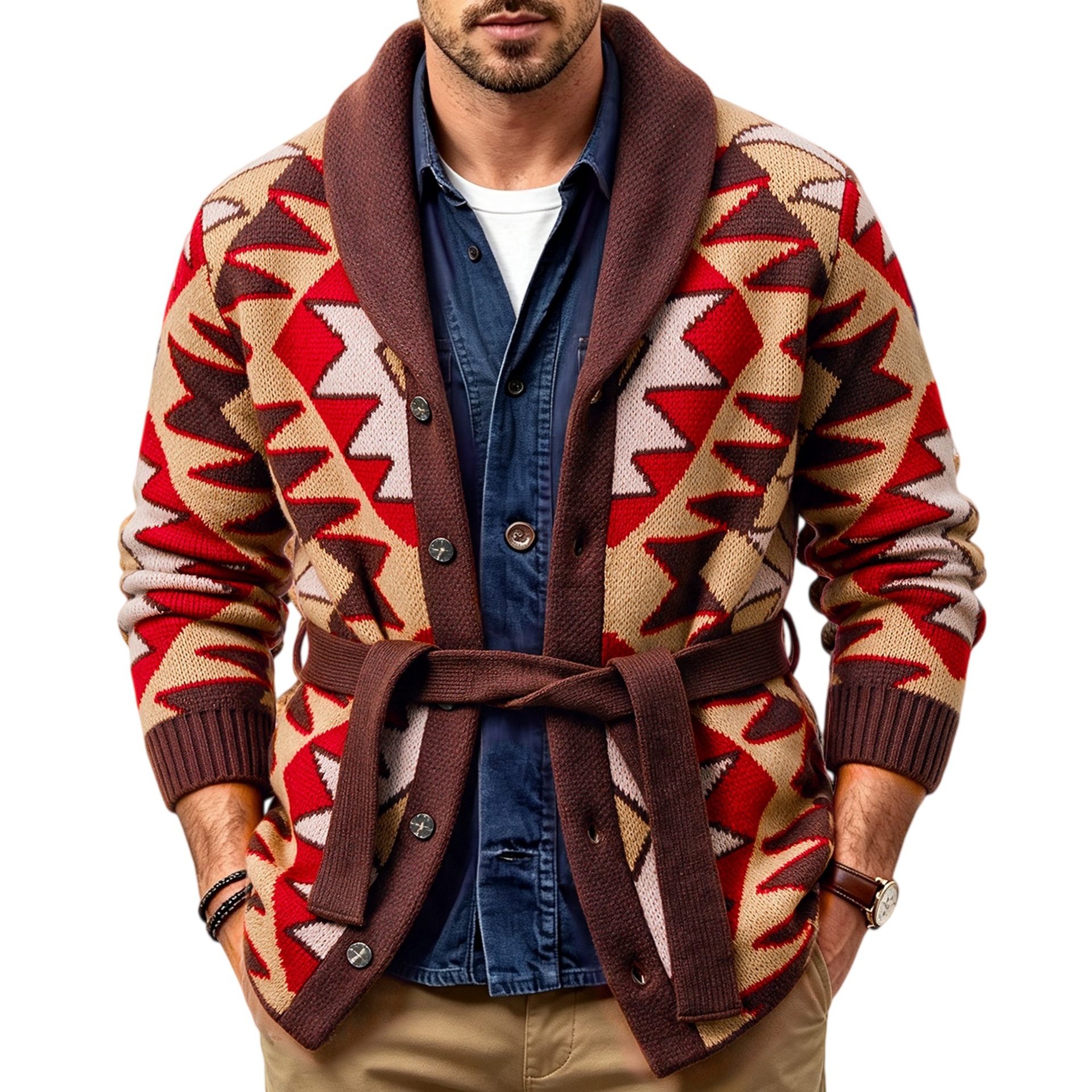 Cárdigan de Punto Jacquard para Hombre, Poliéster, Abrigado, Engrosado, Lavable a Máquina, para Ocio