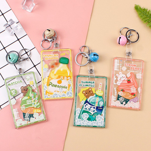 Cartoon transparent acrylic bell card holder key chain ring student meal card door card work ID card protection card holder