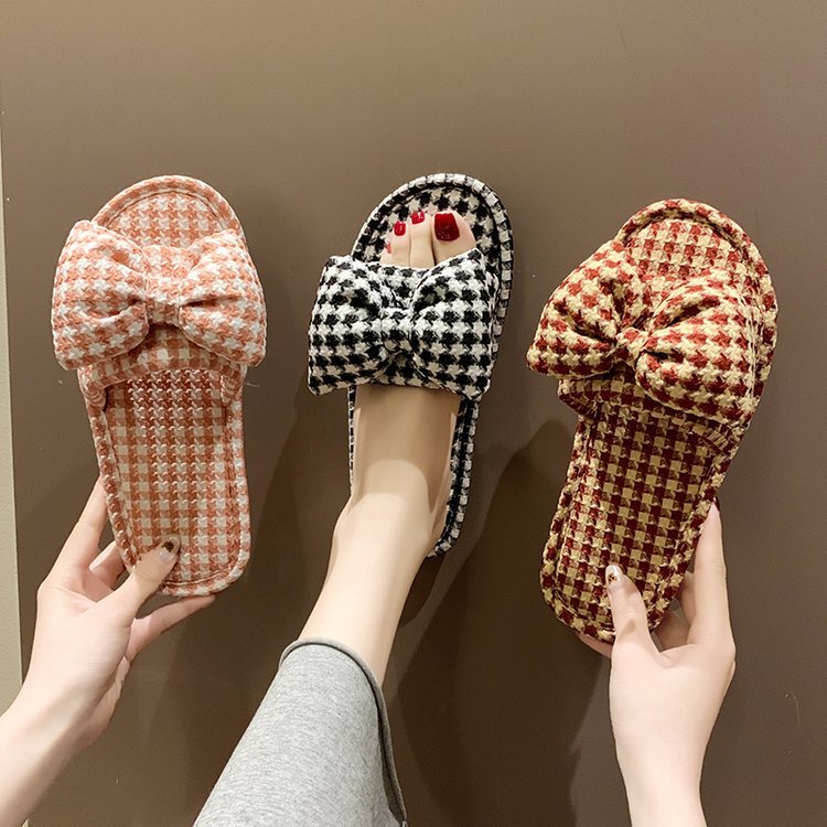 Plaid Cotton and Linen Women's Slippers Indoor Floor Slippers 2023 England Houndstooth Postpartum Cotton Slippers Comfortable