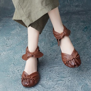 2025 Spring and Summer New Retro Style Cowhide Twist Open Toe Flat Heel Bow Back Zipper Roman Toe Sandals