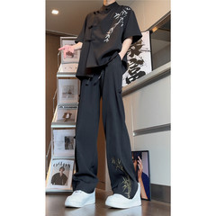 新中国式刺繍ズボン男性用氷糸薄黒カジュアルズボン国風ペンダント感高級感ストレートパンツ
