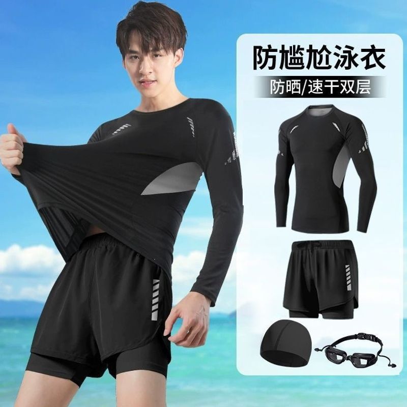 New men's swimwear, long-sleeved, sun-protective swimming suit for teenagers and adults, designed to prevent embarrassing moments in the water, including swim shorts and a swim top