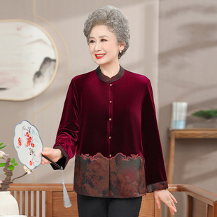 Old Lady's Spring Long Sleeve Shirt Golden Velvet Top Rich Grandma's Spring and Autumn Thin Coat Old Mother's Clothes
