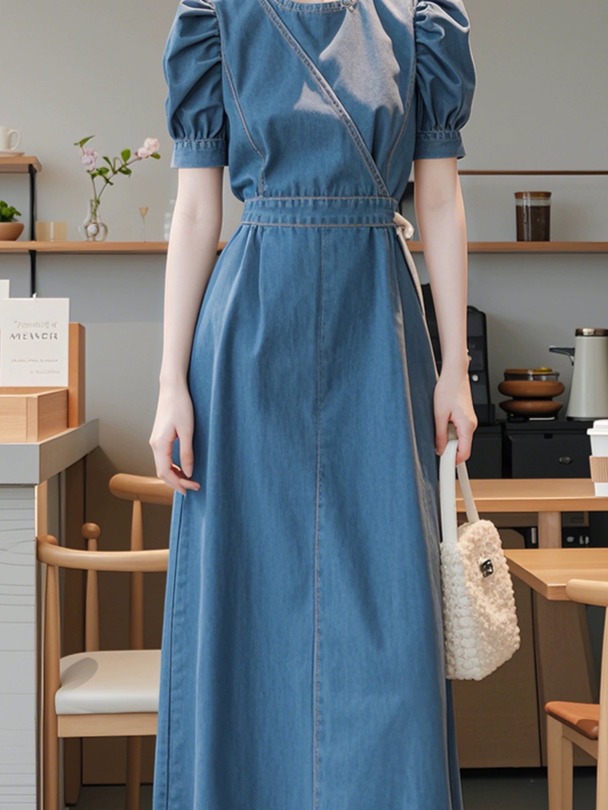 Váy denim xanh dáng maxi thắt eo phong cách Hàn Quốc mùa hè — Màu xanh lam chi tiết 6