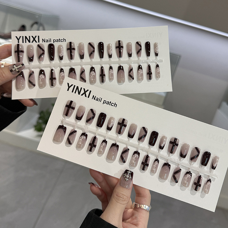 Prefabricated Gothic Cross Dark Lace French Boutique Wearable Manicure Autumn and Winter New Pure Lust Sexy Nails