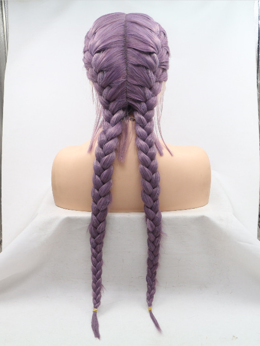 Fibra química europea y americana frente encaje cubierta de pelo de trenza púrpura peluca fabricantes LW0259