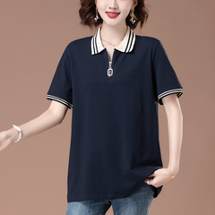 夏の珠地綿poloシャツ半袖tシャツの女性の太ったお母さんは太って大きいサイズのデザイン感をプラスして色の襟の上着にぶつかります。
