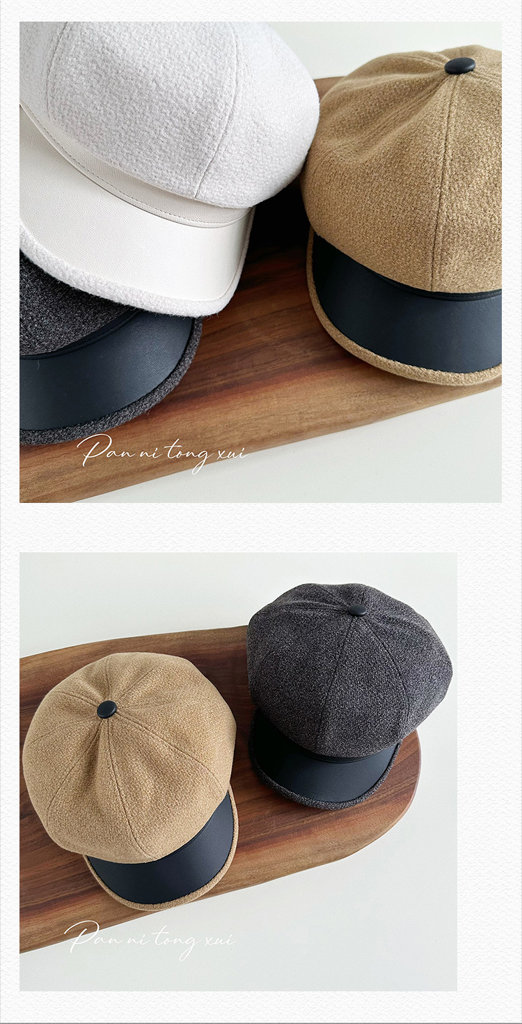 Chapeau octogonal unisexe en cuir PU épissé en laine pour femme, couleur unie, automne-hiver, vintage, chapeau d'artiste, chapeau chaud d'hiver_voghion.com
