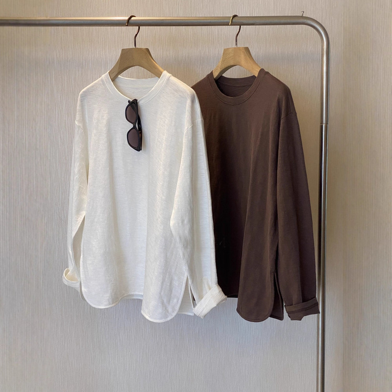 Shopkeeper's Personal Collection! R Custom-Made Woven ~ Comfortable Minimalist Curved Hem Slit Bamboo Cotton Long-Sleeve T-Shirt for Women in Autumn