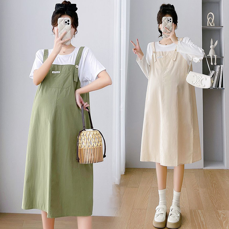 Summer Maternity Dress, Faux Two-Piece Suspender Dress, Mid-Length Plus-Size Maternity Dress, Summer Pure Cotton Dress