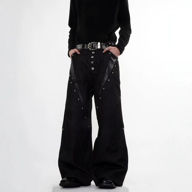 American retro rivet metal crocodile pattern PU leather patchwork jeans for men, niche trendy brand wide-leg floor-length casual pants