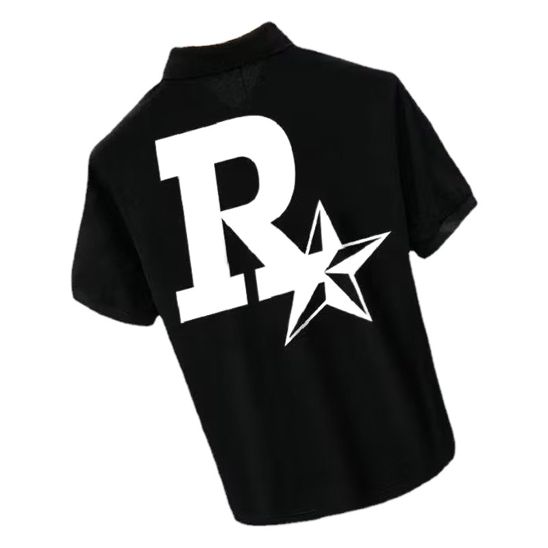 Verano 2023 camisa de Polo para hombre verano estampado de estrellas suelta estilo Hong Kong versátil estudiante casual cuello redondo camisa de manga corta blanco