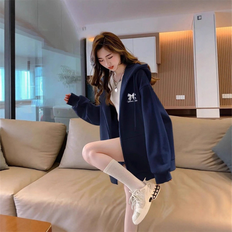 New Tops, Jackets, Bow Print Autumn and Winter Niche Men's and Women's Korean Style Loose Casual Wear Hooded Sweatshirt Cardigan