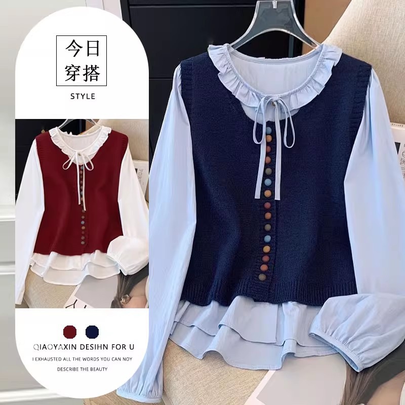 单件/2025秋季设计感别致娃娃领气质衬衫搭配针织百搭纯色马甲潮