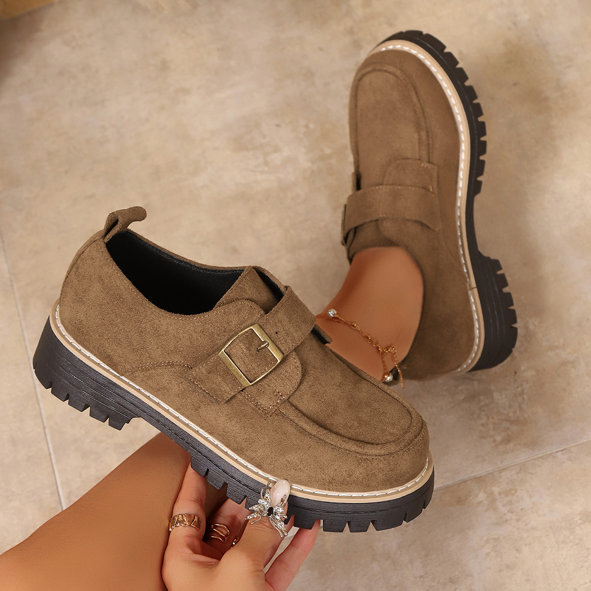 Plus Size Damen-Loafer mit Blockabsatz und Schnalle im britischen Stil, niedrige Schuhe, Herbstneuheit_voghion.com