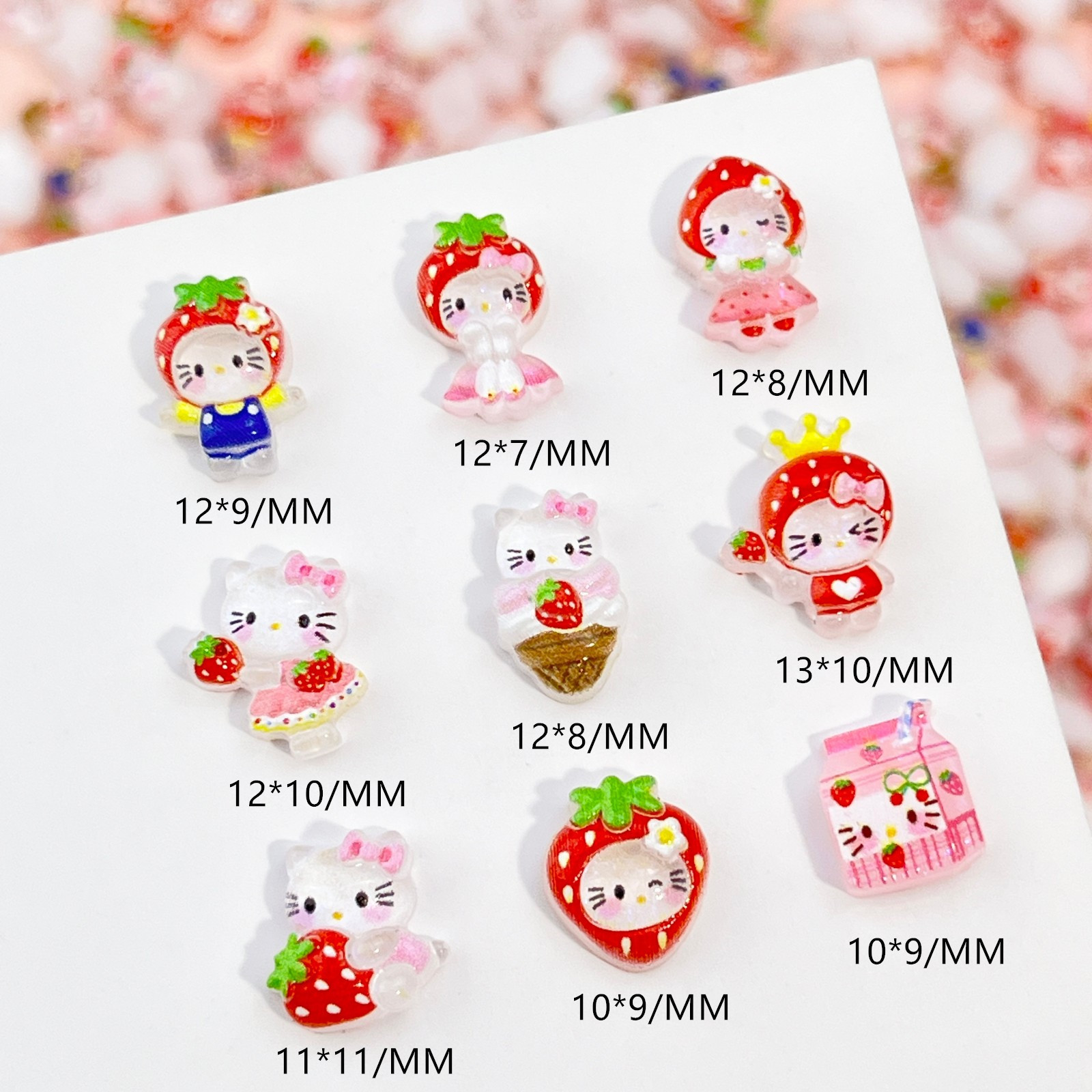 새로운 딸기 시리즈 헬로 키티 만화 네일 아트 액세서리 얼음 반짝이 짧은 치마 KT 고양이 diy 웨어러블 네일 액세서리