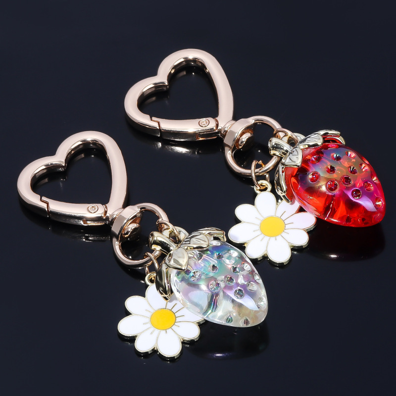 Cross-border Peach Heart Sweet Translucent Strawberry Flower Heart-shaped Keychain Ins Bag Key Decoration Car Pendant