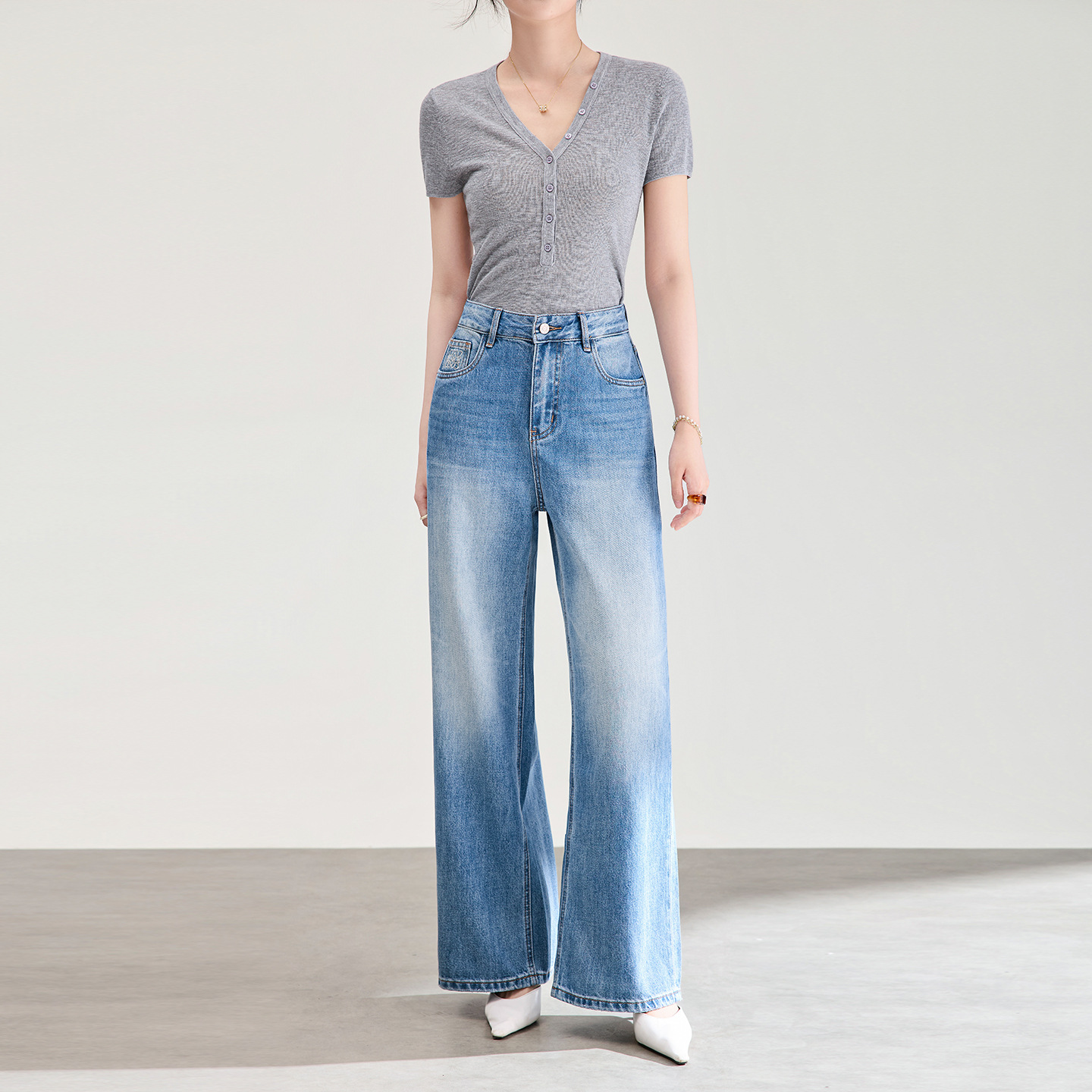 Quần jean ống rộng vải Tencel cotton phong cách retro, dáng suông rũ nhẹ mùa hè — xanh lam