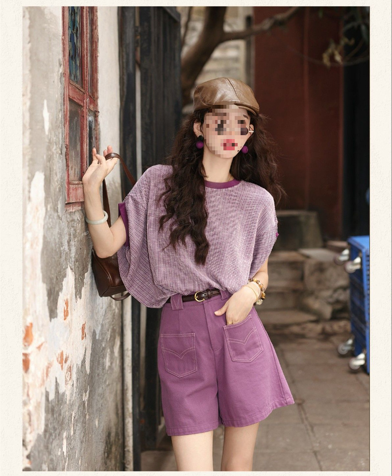 Bộ áo thun ngắn tay cổ tròn phối quần short jean ống rộng nữ — Áo ngắn tay+quần jean rộng, Áo ngắn tay, Quần jean rộng màu tím chi tiết 10