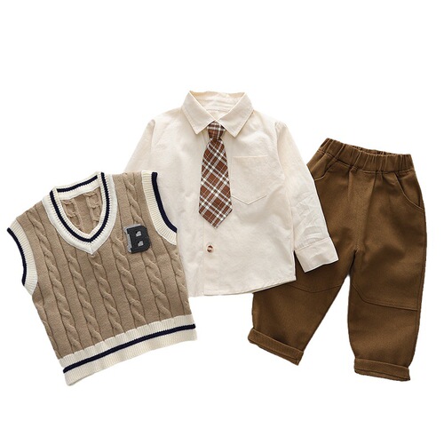 Autumn New Forest Style Boys' College Wind Suit for Young Children, British Style Autumn Clothing for Baby Boys, Long Sleeve Three-Piece Set