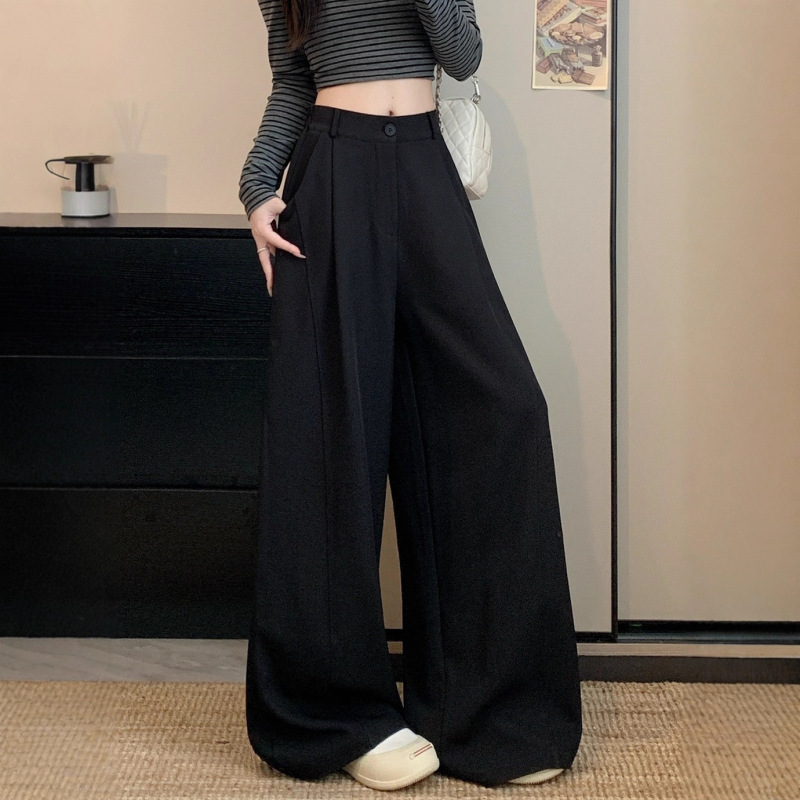 设计感松紧腰显瘦阔腿休闲裤女秋季2025新款复古宽松垂感西装长裤|undefined