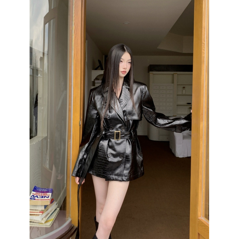 2025黑暗系街头辣妹个性摩登酷女 秋冬经典黑色进口鳄纹皮衣外套|undefined