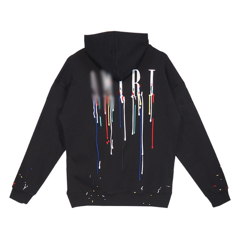 Moda Amiri Splash-tinta pintura goteo efecto carta logo suéter negro con capucha 2022 otoño y verano Nuevo
