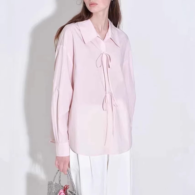 Romantic Cherry Blossom Pink Shirt with Tie-Front Design, Sweet and Fresh Style, Loose Fit, Women's Top, Versatile for Spring, Slimming Effect