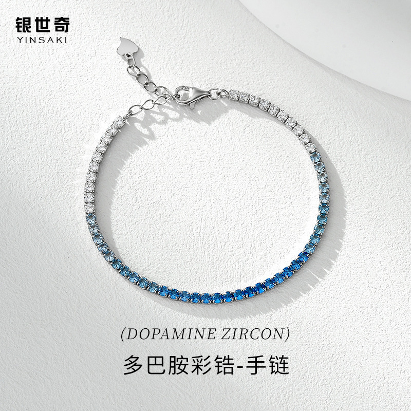 Cross-Border Dopamine-Colored Zircon Women's 925 Sterling Silver Bracelet with a High-End Feel, Single-Row Zircon Tennis Chain Jewelry Accessory