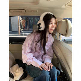 返 春季新款韩国东大门法式慵懒立体花朵木耳边条纹衬衫