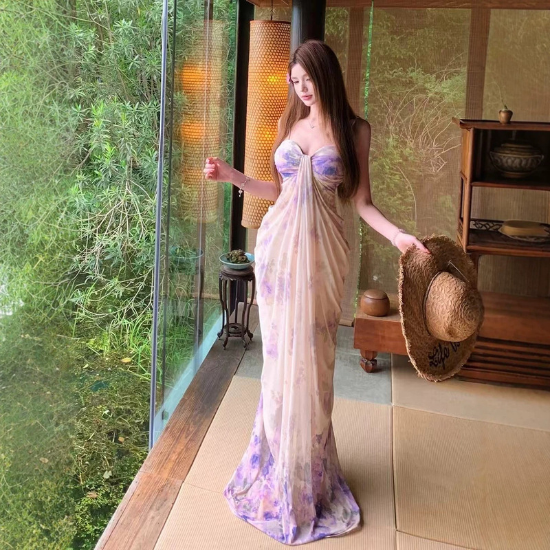 Mesh Vacation Style Purple Floral Spaghetti Strap Dress for Women, Summer Sexy Backless Bodycon Long Dress, Stunning Wholesale for Export Mesh Vacation Style Purple Floral Spaghetti Strap Dress for Women, Summer Sexy Backless Bodycon Long Dress, Stunning Wholesale for Export