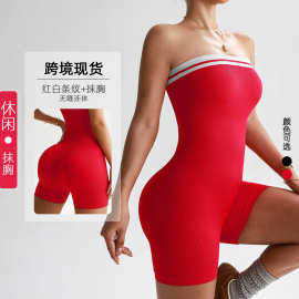 跨境现货条纹抹胸辣妹装女无缝修身显瘦紧身包臀运动休闲连体短裤