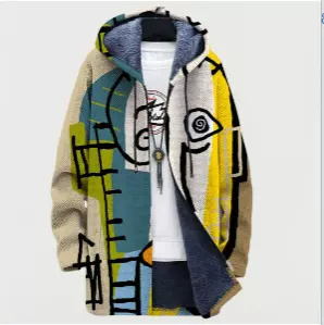 2024冬季新款时尚数码印花加绒男外套跨境 休闲男士拉链连帽开衫