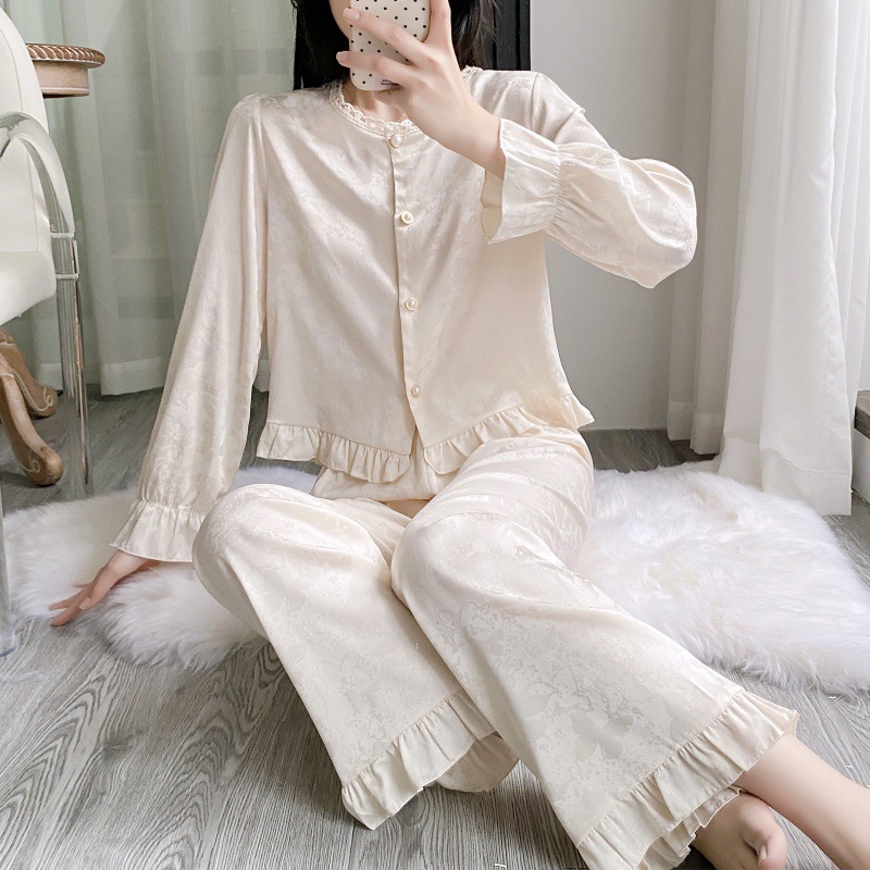 2025 새로운 솔리드 컬러 자카드 프릴 아이스 실크 새틴 잠옷 여성 봄, 가을 긴팔 바지는 집 밖에서 착용 가능