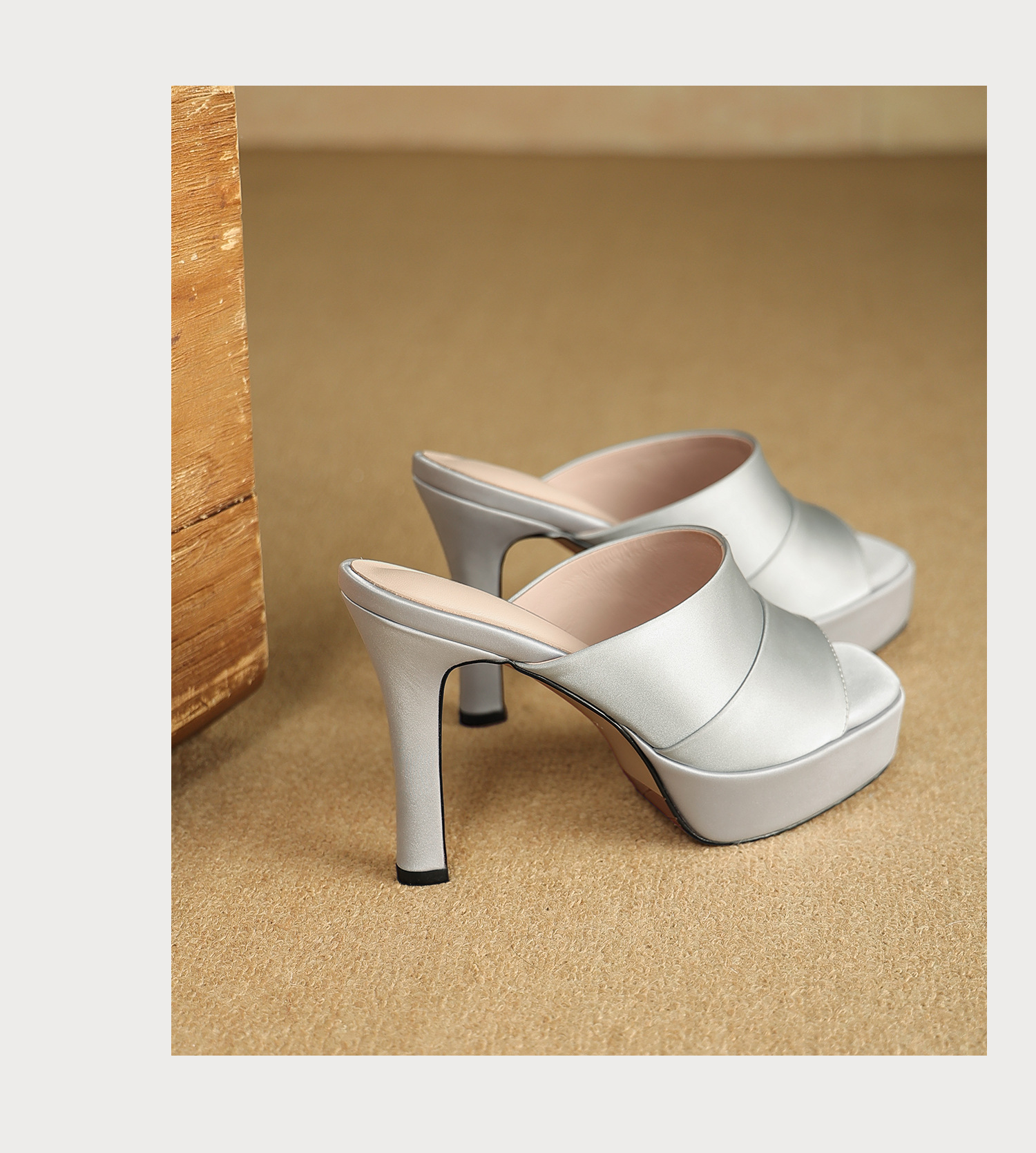 Sandal cao gót nữ quai ngang hở mũi đế platform gót nhọn 9 cm — màu đen, bạc chi tiết 23