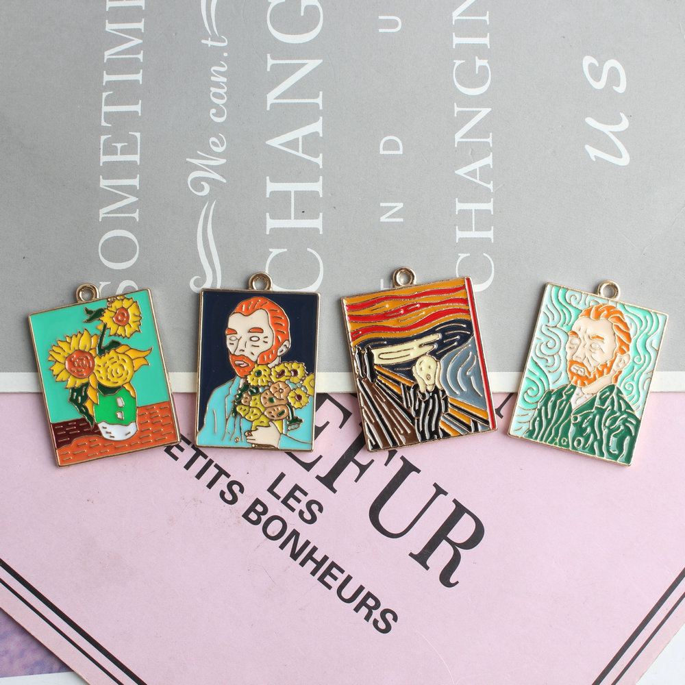 diy Korean style jewelry accessories K gold single-sided oil dripping alloy small pendant bracelet Western oil painting pendant