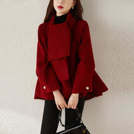 PLDA短款红色双面尼羊毛围巾大衣女小个子年轻时尚零羊绒毛呢外套