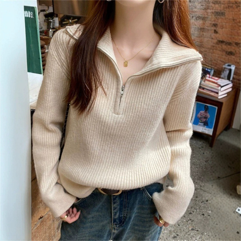 Half-Zip Lapel Knitted Sweater for Women, Lazy Loose Knitwear, 2026 New Autumn and Winter Outerwear Design Top Half-Zip Lapel Knitted Sweater for Women, Lazy Loose Knitwear, 2026 New Autumn and Winter Outerwear Design Top