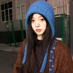 蓝色绑带针织包头帽女秋冬出游毛绒毛线帽显脸小户外保暖韩系帽子