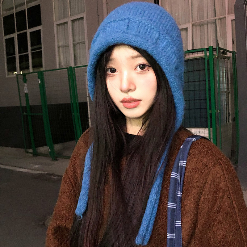 蓝色绑带针织包头帽女秋冬出游毛绒毛线帽显脸小户外保暖韩系帽子|undefined