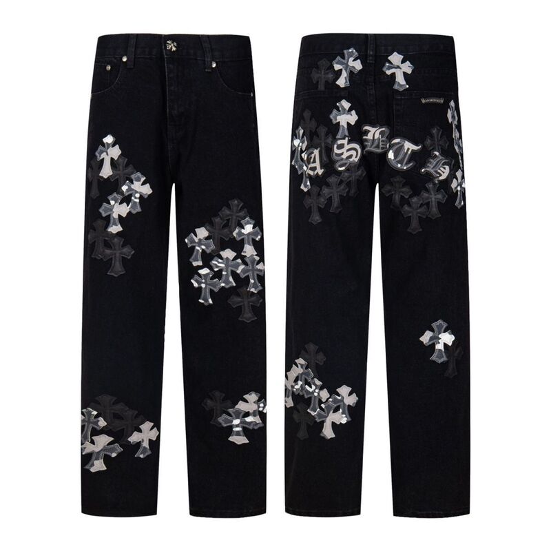 Guangzhou Ch Trendy Brand New Cross Logo Patch Leather Embroidery Unisex Limited Edition Loose Washed Straight-Leg Jeans Guangzhou Ch Trendy Brand New Cross Logo Patch Leather Embroidery Unisex Limited Edition Loose Washed Straight-Leg Jeans