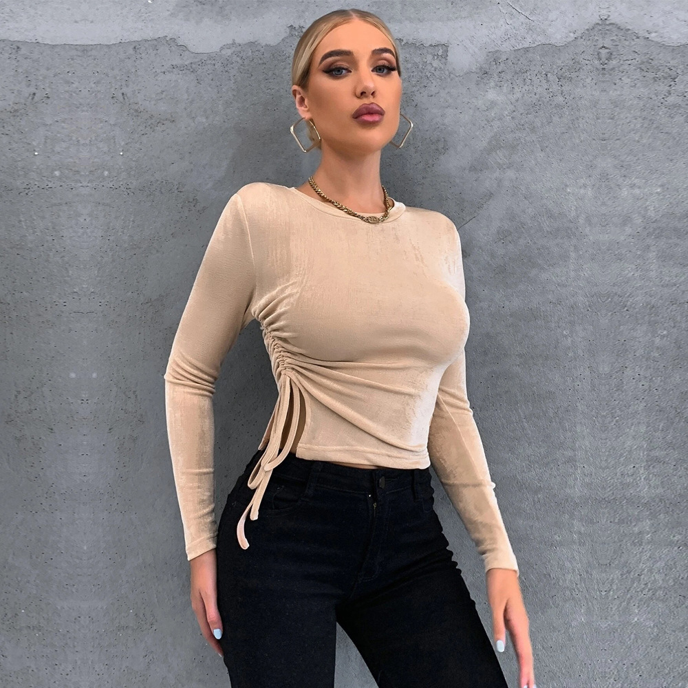 Voya Cross-border European And American 2026 New Style Ruched Slim-fit Round-neck Pullover Glossy Long-sleeve T-shirt Knitted_ecoleips.com