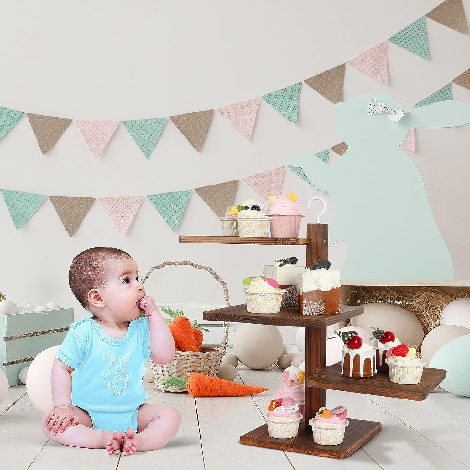 纸杯蛋糕木架木质分层托盘蛋糕塔方形乡村甜点桌展示架生日毕业盘